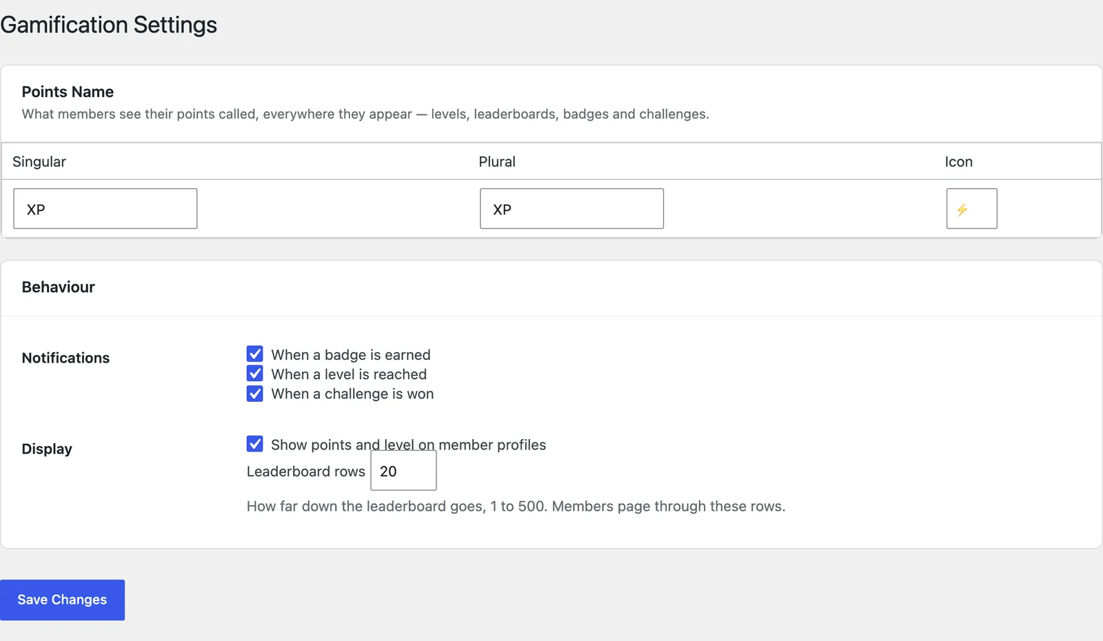 Gamification Settings