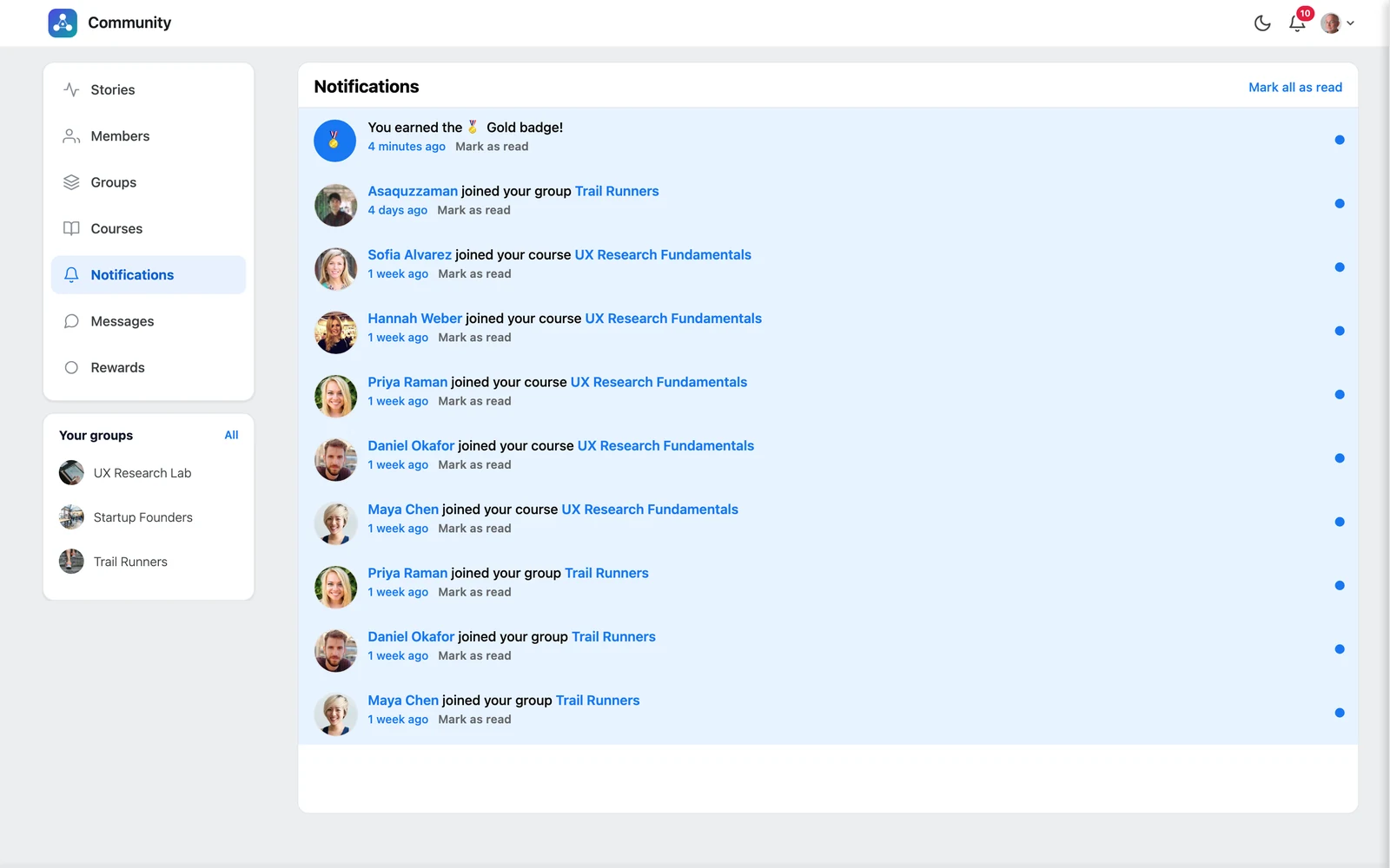 The Notifications page